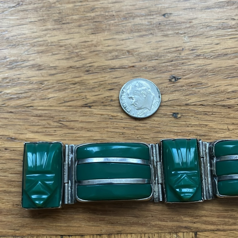 Huge Vintage Taxco Mexico Silver and Green Mask Panel Bracelet - Picture 8 of 12